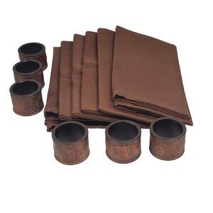 Napkins Brown Set 6  Cloth 17'' x 17'' & 6 Wood Rings/Holders Fall Leaves Acorns
